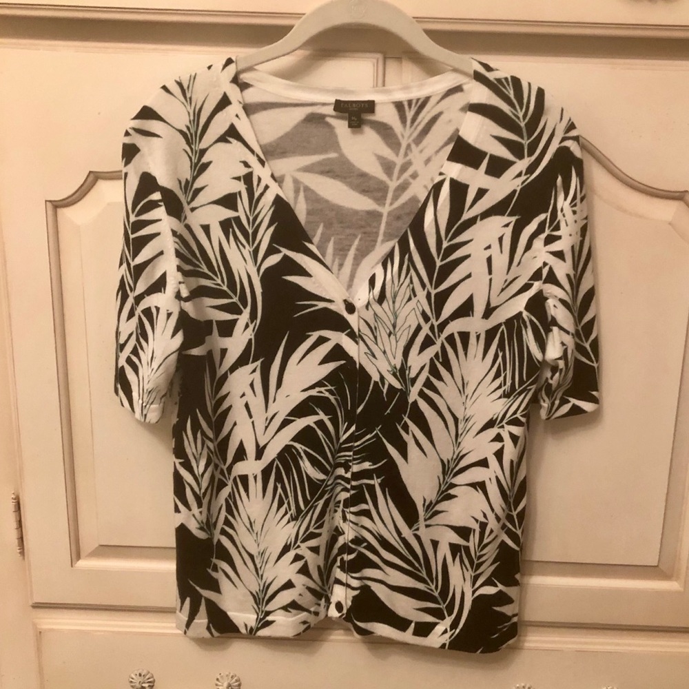Talbots Green, Black, Cream Short-sleeve Cardigan